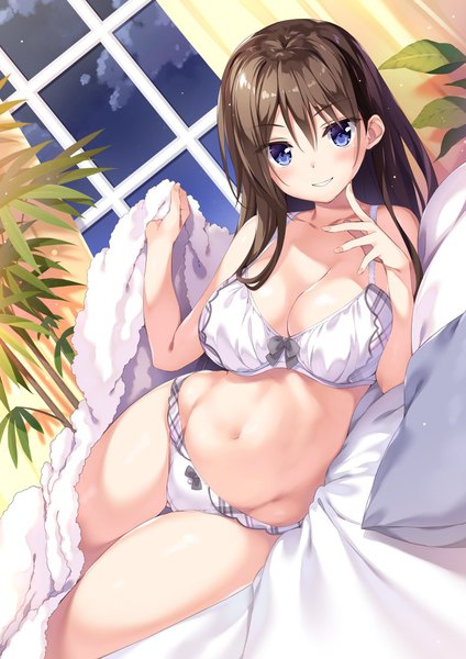 Anime picture 791x1119 with boku no kanojo sensei fujiki maka oryou single long hair tall image looking at viewer blush fringe breasts blue eyes light erotic smile hair between eyes brown hair large breasts cleavage indoors lying parted lips