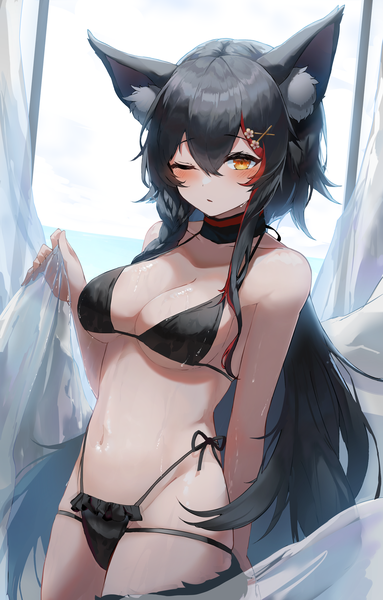 Anime picture 2555x4006 with virtual youtuber hololive ookami mio kabedoru single long hair tall image looking at viewer blush fringe highres breasts light erotic black hair hair between eyes large breasts standing holding animal ears yellow eyes