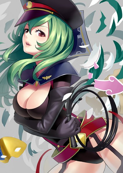Anime picture 708x1000 with star driver watanabe kanako k+ single long hair tall image breasts light erotic red eyes large breasts green hair girl bodysuit mask peaked cap whip