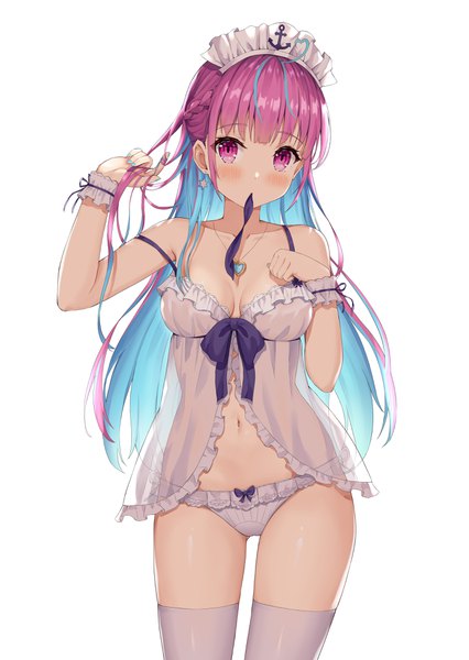 Anime picture 2841x4000 with virtual youtuber hololive minato aqua hokori sakuni single long hair tall image looking at viewer blush fringe highres breasts light erotic simple background standing white background bare shoulders holding payot blue hair