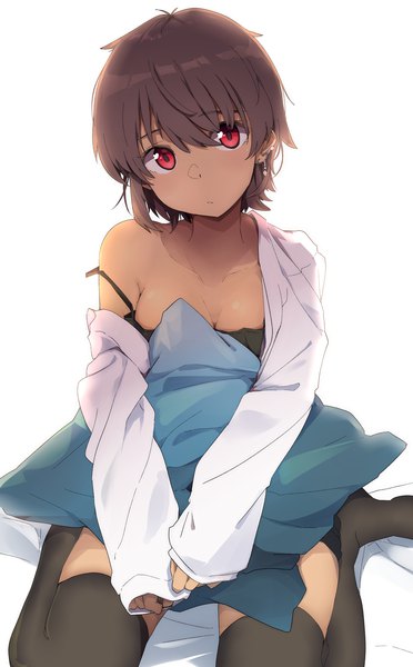 Anime-Bild 1706x2748 mit original kazenoko single tall image looking at viewer fringe highres short hair breasts light erotic simple background hair between eyes red eyes brown hair white background sitting cleavage head tilt off shoulder piercing