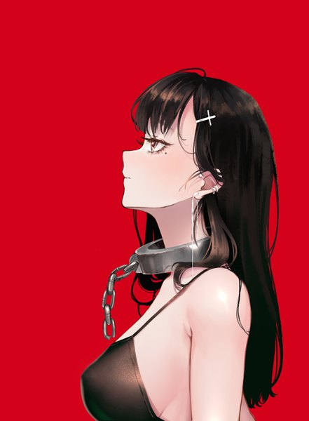 Anime picture 2376x3234 with original zhuang yao single long hair tall image fringe highres breasts light erotic black hair simple background large breasts brown eyes looking away upper body profile mole mole under eye piercing covered nipples