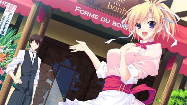 Anime picture 1280x720 with amakan (game) long hair blush open mouth blonde hair wide image purple eyes game cg girl boy ribbon (ribbons) hair ribbon apron