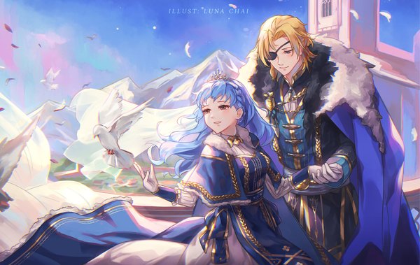 Anime picture 2279x1440 with fire emblem fire emblem: three houses nintendo dimitri alexandre blaiddyd marianne von edmund luna chai long hair fringe highres short hair blue eyes blonde hair smile brown eyes signed blue hair looking away sky parted lips wind
