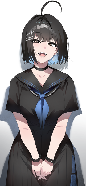 Anime picture 2000x4305 with original irene (kanniiepan) kanniiepan single tall image looking at viewer blush fringe highres short hair open mouth black hair simple background smile standing white background brown eyes ahoge :d pleated skirt