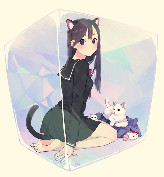 Anime picture 1000x1073 with hello kitty original sanrio morifumi single long hair tall image looking at viewer blush fringe black hair white background sitting animal ears full body tail animal tail looking back barefoot black eyes