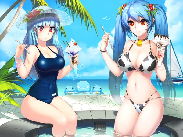 Anime picture 1400x1050 with sword girls luthica preventer snowball22 long hair breasts light erotic red eyes twintails multiple girls blue hair animal print cow print girl navel 2 girls swimsuit hat bikini water food