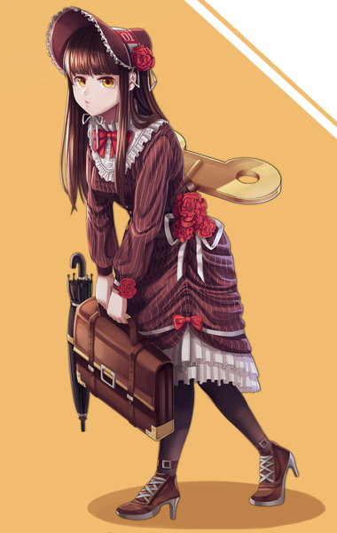Anime picture 1900x3000 with original goback single long hair tall image fringe highres simple background brown hair yellow eyes full body blunt bangs long sleeves high heels walking yellow background lolita fashion goth-loli closed umbrella girl