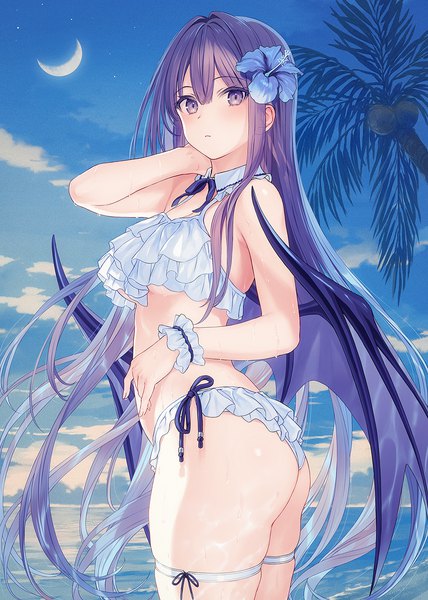 Anime picture 1021x1432 with original yashiro seika single long hair tall image looking at viewer blush fringe breasts light erotic hair between eyes standing purple eyes sky purple hair cloud (clouds) outdoors ass arm up hair flower