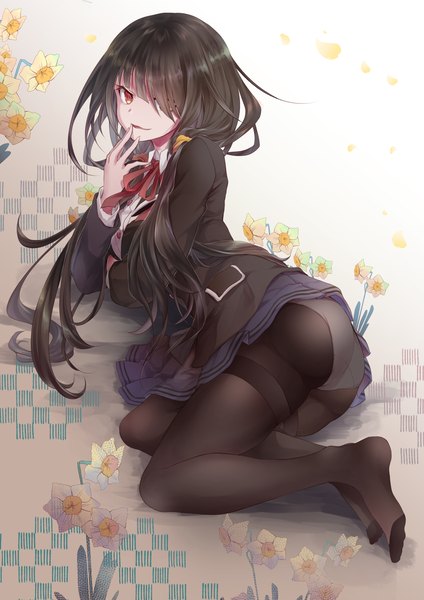 Anime picture 1061x1500 with date a live tokisaki kurumi yue (lov n n) single long hair tall image looking at viewer fringe light erotic black hair red eyes twintails full body ass hair over one eye no shoes low twintails hand to mouth girl uniform