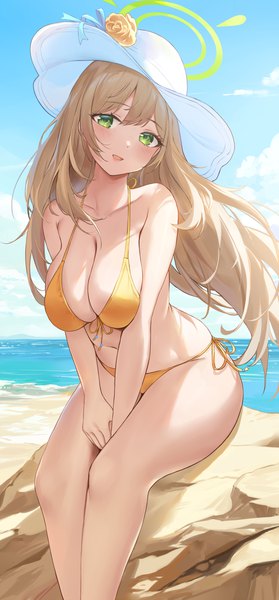 Anime picture 1500x3222 with blue archive nonomi (blue archive) nonomi (swimsuit) (blue archive) pdxen single long hair tall image looking at viewer blush fringe breasts open mouth light erotic brown hair large breasts sitting green eyes sky cloud (clouds) outdoors