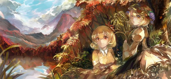 Anime picture 1501x700 with touhou aki minoriko aki shizuha vima short hair blonde hair red eyes wide image multiple girls yellow eyes cloud (clouds) mountain girl dress 2 girls plant (plants) tree (trees) bonnet