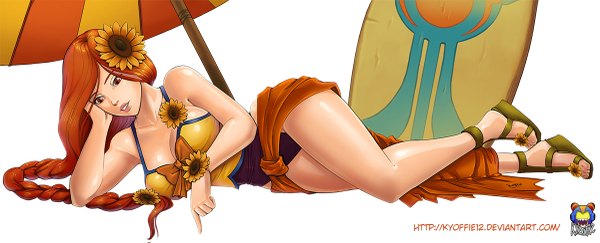 Anime picture 1200x487 with league of legends leona (league of legends) pool party leona kyoffie12 single long hair breasts light erotic simple background wide image large breasts white background hair flower orange hair orange eyes legs girl hair ornament flower (flowers) sunflower
