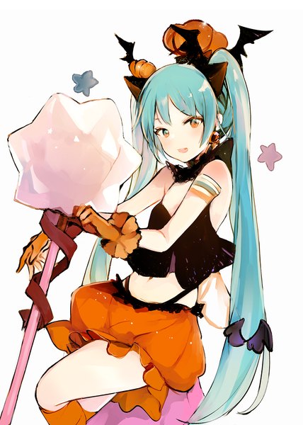 Anime picture 713x1000 with vocaloid hatsune miku lpip single tall image looking at viewer blush fringe open mouth simple background smile white background twintails bare shoulders animal ears payot very long hair head tilt :d aqua hair