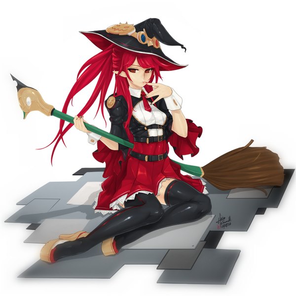 Anime picture 1600x1600 with dungeon and fighter caooll (co-ohol) single long hair simple background red eyes white background looking away red hair pointy ears finger to mouth girl thighhighs dress black thighhighs broom