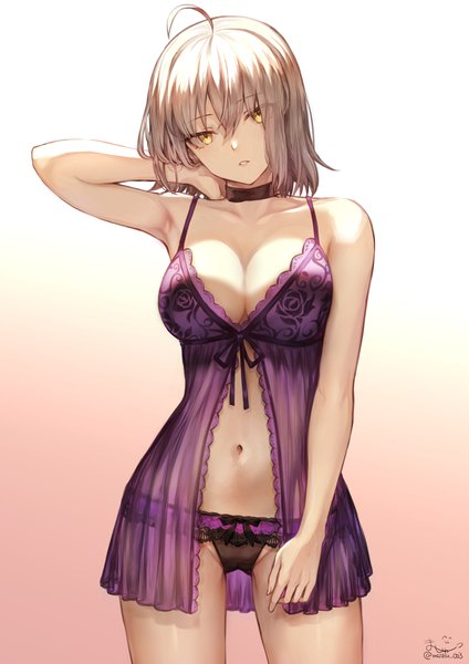Anime picture 2894x4093 with fate (series) fate/grand order jeanne d'arc (fate) (all) jeanne d'arc alter (fate) mashuu (neko no oyashiro) single tall image looking at viewer fringe highres short hair breasts light erotic simple background blonde hair hair between eyes large breasts standing bare shoulders signed
