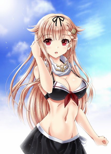 Anime picture 1800x2500 with kantai collection yuudachi destroyer amou yuu single long hair tall image highres open mouth light erotic blonde hair red eyes sky cloud (clouds) groin adjusting hair remodel (kantai collection) girl navel swimsuit bikini