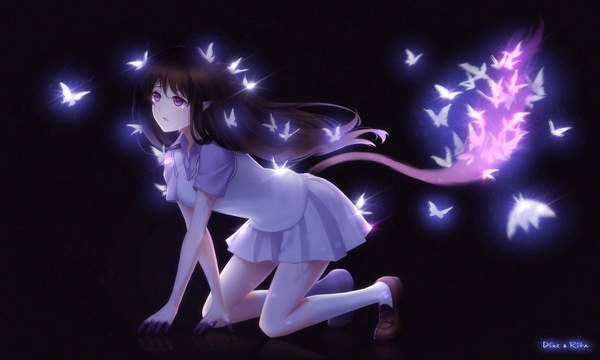 Anime picture 1200x720 with noragami studio bones iki hiyori dine&rita single long hair fringe breasts open mouth simple background brown hair wide image purple eyes signed looking away full body bent knee (knees) tail pleated skirt wind