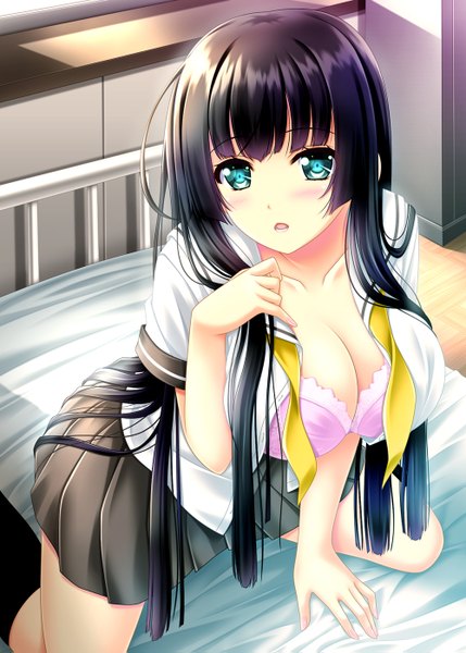 Anime picture 1000x1399 with original akino shin single long hair tall image looking at viewer blush fringe breasts open mouth light erotic black hair large breasts cleavage blunt bangs nail polish pleated skirt aqua eyes fingernails arm support