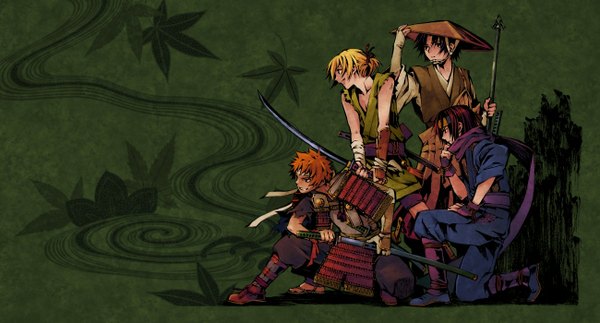 Anime picture 1300x700 with original minami seira short hair open mouth black hair blonde hair wide image red hair traditional clothes japanese clothes profile orange hair multiple boys kneeling grin group green background boy hat detached sleeves
