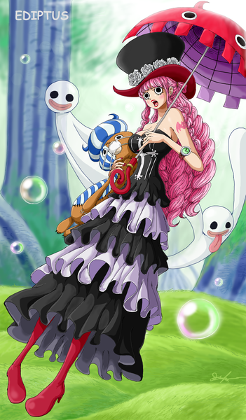 Anime picture 2000x3416 with one piece toei animation perona kumacy ediptus single long hair tall image blush fringe highres breasts open mouth large breasts bare shoulders holding signed payot looking away pink hair