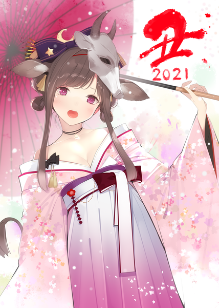 Anime picture 785x1100 with original ama mitsuki single long hair tall image looking at viewer open mouth light erotic brown hair purple eyes animal ears payot cleavage tail traditional clothes japanese clothes animal tail off shoulder snowing new year