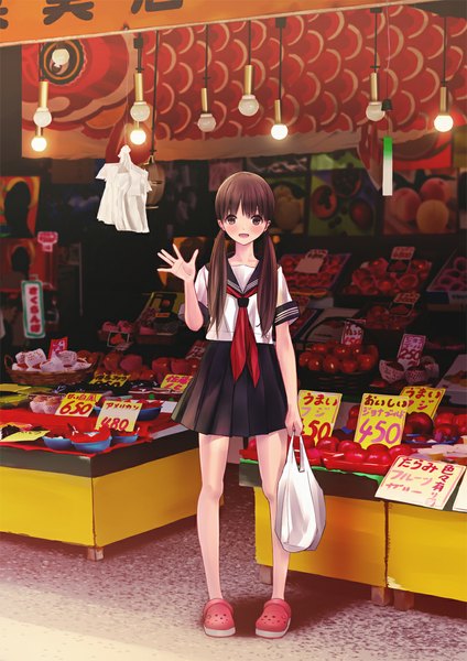 Anime picture 827x1169 with original chikuwa (odennabe) single long hair tall image blush open mouth brown hair twintails brown eyes girl skirt uniform serafuku fruit vegetables