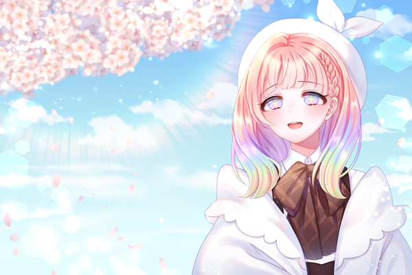 Anime picture 2536x1698 with forever 7th capital ririko (forever 7th capital) mal mang single long hair fringe highres open mouth purple eyes looking away sky cloud (clouds) upper body braid (braids) multicolored hair cherry blossoms lens flare gradient hair side braid girl