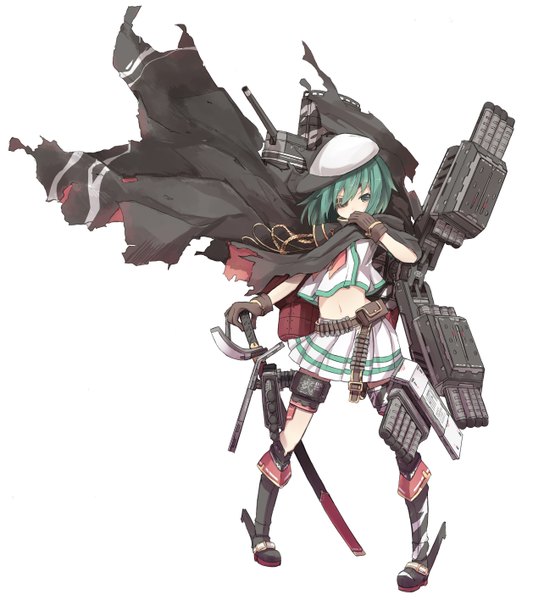 Anime picture 1258x1416 with kantai collection kiso light cruiser nanashina (artist) single tall image looking at viewer simple background white background green eyes green hair bare belly girl gloves navel weapon sword katana cape beret eyepatch