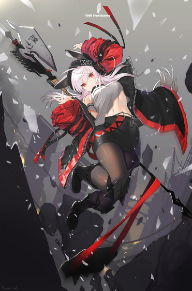 Anime picture 993x1500 with arknights frostleaf (arknights) nanam (nanam sk) single long hair tall image looking at viewer fringe hair between eyes red eyes signed full body bent knee (knees) white hair wind open jacket torn clothes jumping broken glass girl