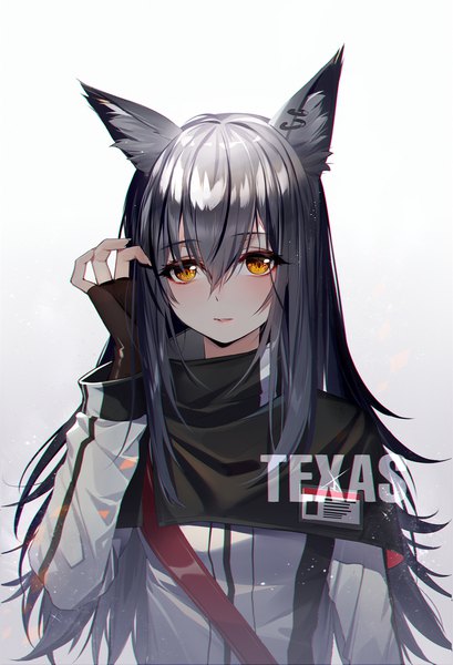 Anime picture 1617x2371 with arknights texas (arknights) baocaizi single long hair tall image looking at viewer fringe black hair simple background hair between eyes white background animal ears payot upper body parted lips fingernails orange eyes character names gradient background