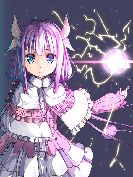 Anime picture 600x800 with kobayashi-san chi no maidragon kyoto animation kanna kamui usume shirou single long hair tall image looking at viewer fringe blue eyes twintails payot purple hair upper body horn (horns) low twintails outstretched arm dark background girl hair ornament