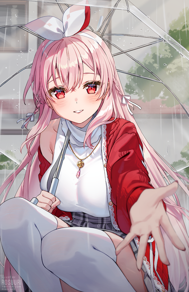 Anime picture 1000x1545 with virtual youtuber atelier live pinku (vtuber) rosuuri single long hair tall image looking at viewer blush fringe breasts smile hair between eyes red eyes large breasts holding signed pink hair outdoors braid (braids)