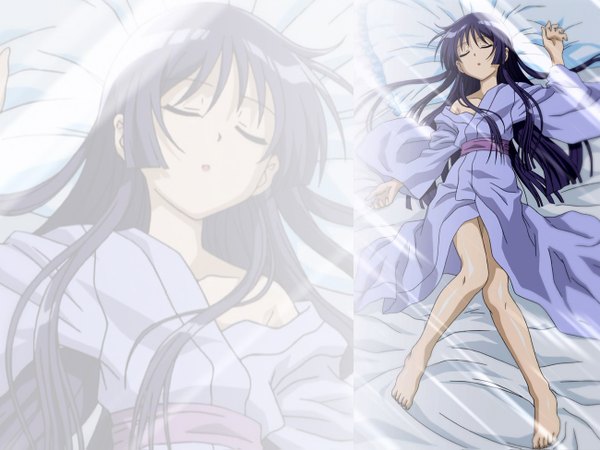 Anime picture 1300x975 with hayate no gotoku! saginomiya isumi long hair black hair bare shoulders japanese clothes wallpaper sleeping zoom layer kimono bed