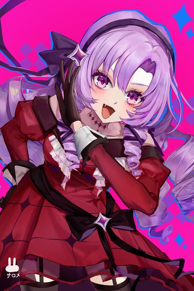 Anime picture 1600x2400 with virtual youtuber nijisanji hyakumantenbara salome hyakumantenbara salome (1st costume) aquarzaaa single long hair tall image blush open mouth purple eyes purple hair :d fang (fangs) hand on hip drill hair pink background girl thighhighs dress
