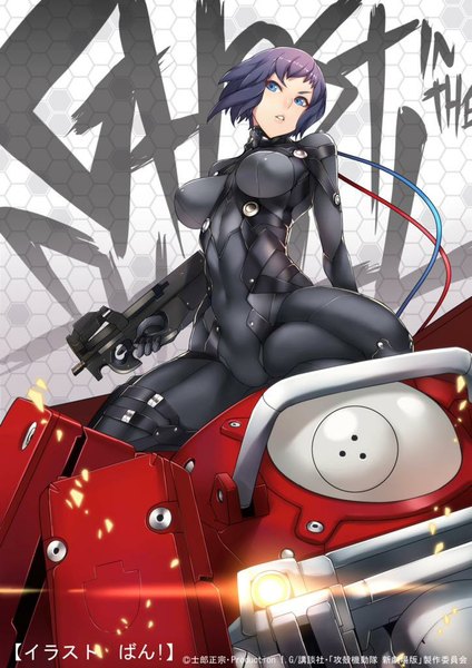 Anime picture 724x1024 with ghost in the shell ghost in the shell arise production i.g kusanagi motoko logicoma ban! (bansankan) single tall image fringe short hair breasts blue eyes light erotic looking away purple hair arm support girl weapon gun bodysuit