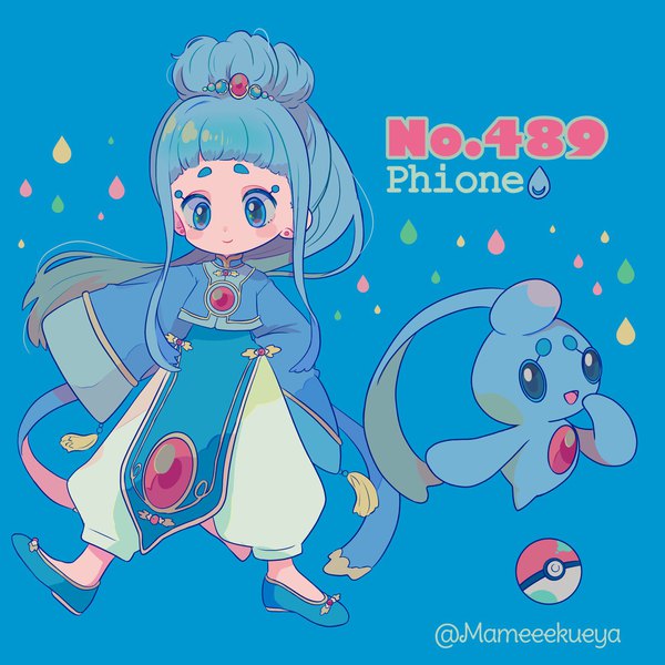 Anime picture 1923x1923 with pokemon nintendo phione mameeekueya single long hair highres blue eyes simple background standing signed blue hair full body ponytail traditional clothes wide sleeves character names hand on hip twitter username blue background