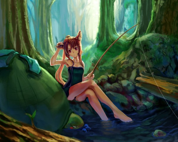 Anime picture 1200x960 with original st.microscope long hair looking at viewer red eyes brown hair animal ears ponytail pantyshot crossed legs river fishing girl plant (plants) tree (trees) turtle fishing rod