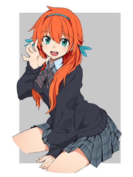 Anime picture 1200x1600 with original amano tora kazenoko single long hair tall image looking at viewer fringe open mouth simple background hair between eyes sitting twintails :d aqua eyes orange hair grey background claw pose girl skirt