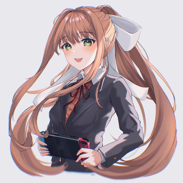 Anime picture 3787x3787 with doki doki literature club nintendo monika (doki doki literature club) soybean (hisoybean) single long hair blush highres open mouth simple background brown hair green eyes payot absurdres upper body ponytail :d grey background girl uniform