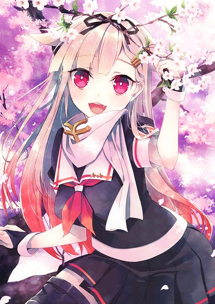 Anime picture 709x1000 with kantai collection yuudachi destroyer nama2e single long hair tall image looking at viewer fringe open mouth blonde hair pleated skirt pink eyes multicolored hair sunlight cherry blossoms happy gradient hair remodel (kantai collection) girl skirt