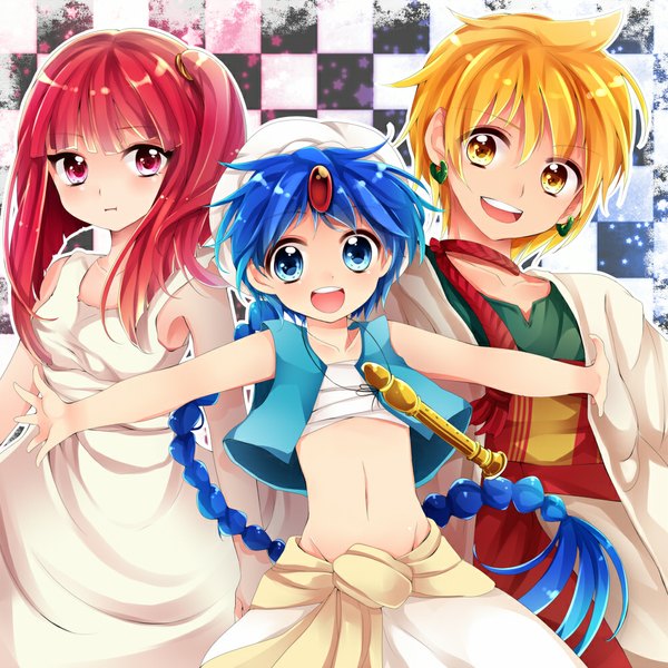 Anime picture 1000x1000 with magi the labyrinth of magic a-1 pictures morgiana aladdin (magi) ali baba saluja uzuki aki long hair looking at viewer short hair open mouth blue eyes blonde hair yellow eyes blue hair red hair braid (braids) pink eyes multiple boys one side up single braid