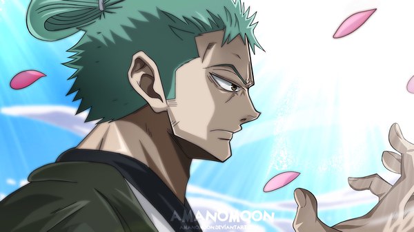 Anime picture 2730x1535 with one piece toei animation roronoa zoro amanomoon single highres short hair wide image brown eyes signed looking away sky cloud (clouds) upper body outdoors profile green hair coloring alternate hairstyle boy