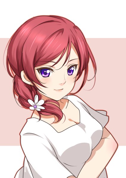 Anime picture 2480x3507 with love live! school idol project sunrise (studio) love live! nishikino maki clouble single tall image looking at viewer blush highres short hair breasts smile purple eyes pink hair upper body braid (braids) hair flower lips short sleeves