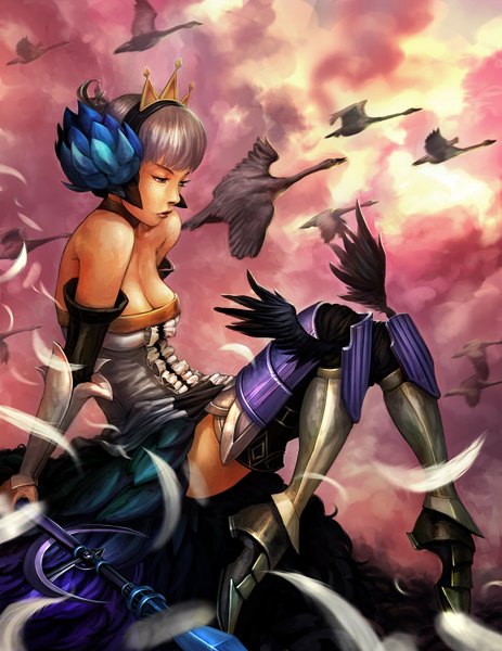 Anime picture 1158x1500 with odin sphere vanillaware gwendolyn dcwj tall image short hair sky cloud (clouds) hair flower lips grey hair realistic grey eyes girl hair ornament animal wings armor bird (birds) feather (feathers)
