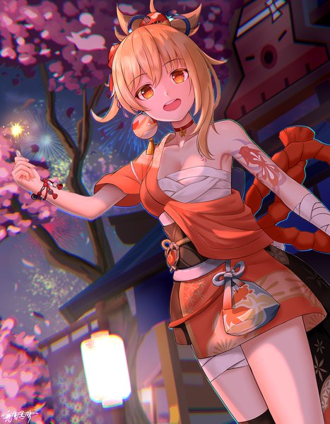 Anime picture 1500x1929 with genshin impact yoimiya (genshin impact) konpaku9youmu single tall image looking at viewer fringe short hair breasts open mouth blonde hair smile hair between eyes standing signed yellow eyes traditional clothes :d japanese clothes night