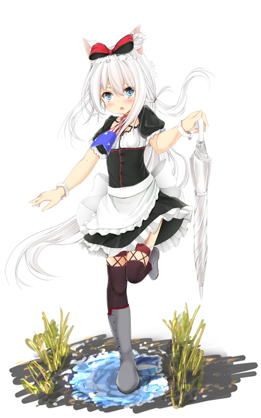 Anime picture 2067x3304 with azur lane hammann (azur lane) maru shion single tall image looking at viewer blush fringe highres open mouth blue eyes simple background hair between eyes standing white background holding animal ears full body white hair very long hair