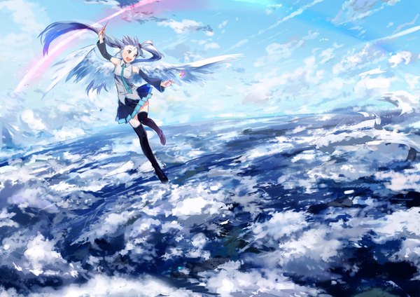 Anime picture 2000x1416 with vocaloid hatsune miku ume (plumblossom) single long hair blush highres open mouth blue eyes twintails blue hair sky cloud (clouds) full body magic flying scenic girl thighhighs skirt