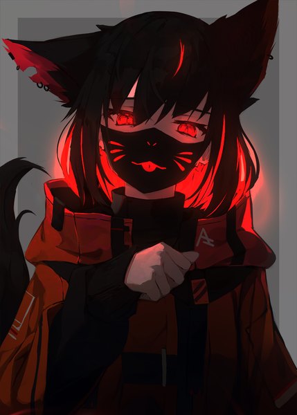Anime picture 907x1268 with original nagishiro mito akirakeitaro single tall image looking at viewer fringe short hair black hair simple background hair between eyes red eyes animal ears upper body red hair tail long sleeves head tilt animal tail multicolored hair
