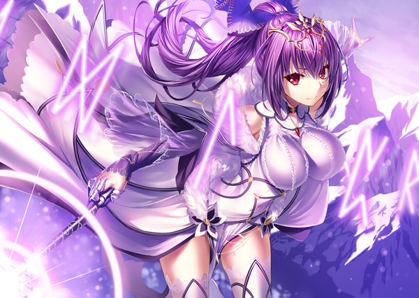 Anime picture 1259x895 with fate (series) fate/grand order scathach (fate) (all) scathach skadi (fate) heirou single long hair looking at viewer fringe breasts light erotic smile hair between eyes red eyes large breasts bare shoulders holding payot purple hair ponytail